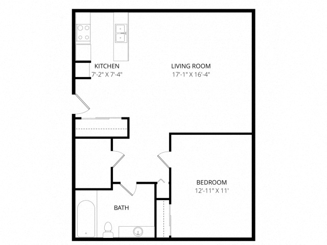 Floor plan for 1 bed, 1 bath, 680 sqft